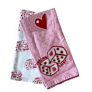 Set of 2 Valentines Day Kitchen Towels Feeling Lucky Rolling The Dice Pink Red
